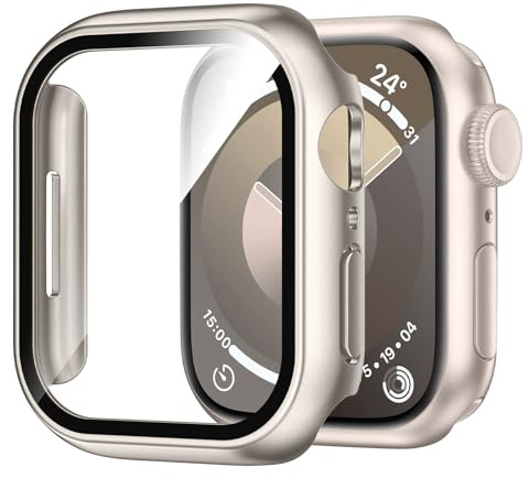 Kamita vattentätt fodral för Apple Watch serie 9/8/7 41 mm, hårt PC-stötdämpande fodral med skärmskydd av härdat glas, stötsäkert full kropp, skyddsfodral för iWatch 9/iWatch 8/iWatch 7 (stjärnljus)
