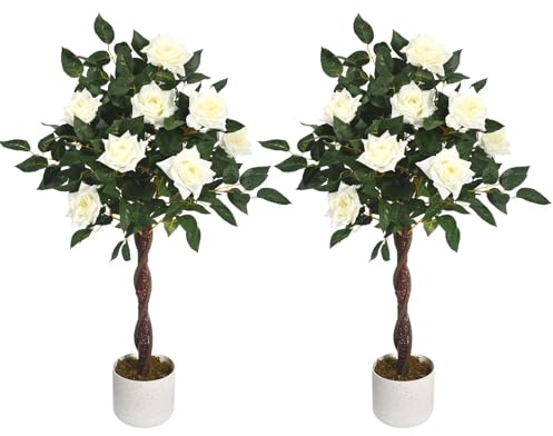 Paquete De 2 Rosas Artificiales De 90 Cm En Maceta con Flores Blancas Realistas, con Macetero Negro para Decoración De Interiores, Hogar y Oficina