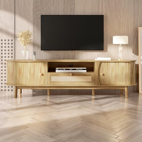 Armoire TV en rotin 165 cm, meuble bas avec portes coulissantes et pieds en bois massif, meuble phono bohème pour salon, commode TV de style maison de campagne, buffet et table TV en bois