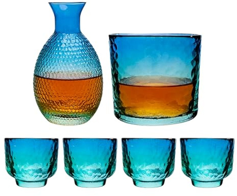 Japanese Sake Set - Heat-Resistant Glass Carafe, Chilled Server, Serving Jar with Warming Pot, Cold Sake Cup for Home Bars, Kitchen Supplies, Clear Liquor Set for Restaurant Dining