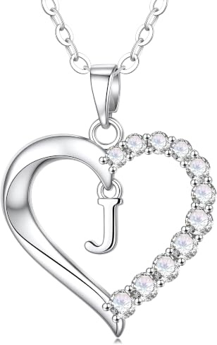 Turandoss Heart Initial Necklace for Women - Dainty 14K White Gold Plated Initial Necklace Heart Letter J Pendant Necklaces for Women Gifts for Womens Mum Wife Girlfriend Jewellery for Womens