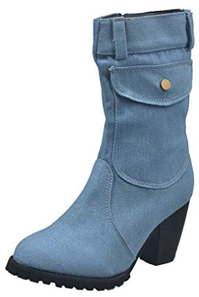 Botas vaqueras de mezclilla para mujer, con tacón de bloque y cremallera lateral, azul claro, 39 EU