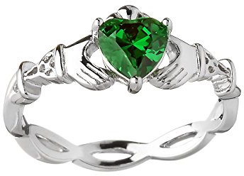 Biddy Murphy, Women's Irish Claddagh Ring 925 Sterling Silver Woven Band, Emerald Green CZ Heart Shape, Made in Ireland, Size 9
