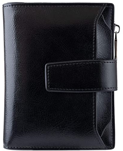 Bveyzi Women's Small Leather RFID Blocking Bifold Zipper Pocket Wallet Ladies Credit Card Slots Purse with id Window(Black)