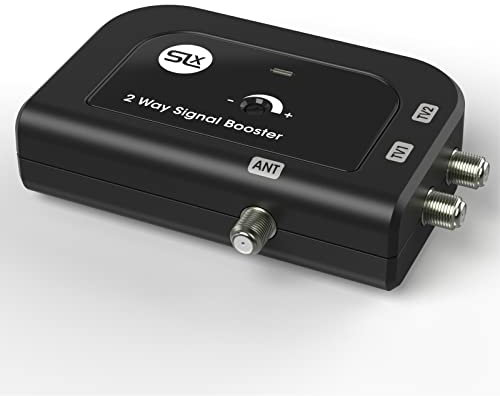 SLx TV Signal Booster Aerial Amplifier, 2 Way Signal Distribution Amplifier with F-Type Connections, 4G & 5G Filtering, Indoor TV Aerial, TV/FM/DAB, Variable Gain Control, Improved Energy Efficiency