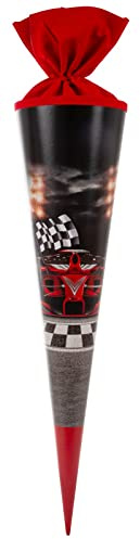 goldbuch 97089 Schultüte Racing Champion, Tüte 70 cm Ø 19 cm, Schwarz Rot | Runde Zuckertüte aus schwarzem Lackkarton mit Motiv Rennwagen, Geschenktüte mit rotem Filzverschluss (ohne Verschlussband)