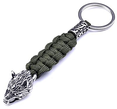 WDBAYXH Wikinger Fenrir Wolfskopf Perle Paracord Schlüsselanhänger Schlüsselband Tasche Auto Geflochtenes Paracord Seil Handgefertigter Nordischer Schmuck, Outdoor-Stil Zubehör