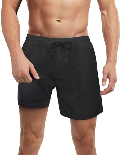 LUCOWEE Badbyxor för män med kompressionsfoder, anti-skav, snabbtorkande, UPF 50+ badshorts 12,7 cm 17,8 cm innersöm baddräkt, Svart, M