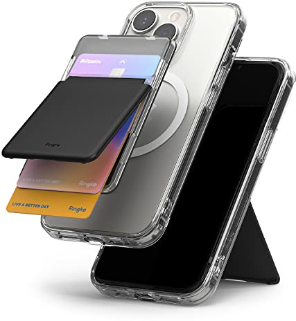 Ringke Magnetic Stand Slot Card Holder [Handy Wallet mit MagSafe Ständer] Kartenhalter Aufkleben Selbstklebende, Kartenetui Magsafe mit Kickstand für iPhone Galaxy Android - Clear & Black