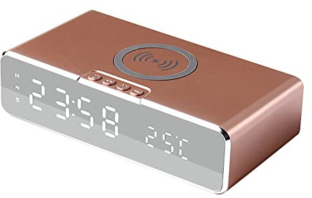 Digital Alarm Clock with Wireless Charger,LED Desk Alarm Clock with Thermometer and Time, 10W Qi-Certified Wireless Charger for Bedroom, Home & Office-Sliver (Rose gold)