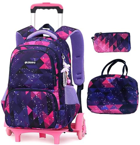 3pcs Trolley Kinder Tasche mit Rollen Schulrucksack Rucksack mit Rollen Schultasche Kinder Mädchen Kinderrucksack Grundschulen Backpack Kids Teens Violett 30x20x42cm