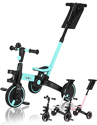 FableKids Dreirad 7in1 Kinderdreirad Laufrad Kinder Lenkstange Fahrrad Baby Kinderwagen | Elternlenkung |Klappbar | Becherhalter | ab 18 Monaten | Klingel | Türkis