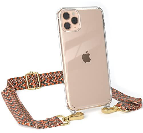 EAZY CASE Handykette - Verstellbares Taschenband kompatibel mit iPhone 11 Pro Max, Schulterriemen, Handykordel mit Silikon Hülle, Umhängetasche, Orange Grün Gold