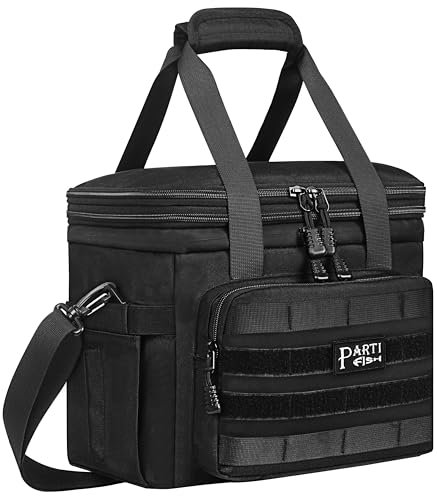 PARTI FISH Kühltasche Faltbar Lunch Tasche Weich kühlbox für Herren Baustelle, Gross 15l 18l Erweiterbar 2-Decks 5-lagige Starke Isolierung Wasserdicht Auslaufsicher Lunch Bag, Groß, Taktisch, Schwarz