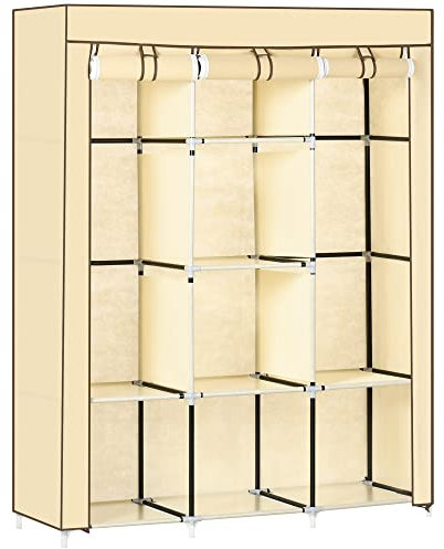 HOMCOM Kleiderschrank Stoffschrank mit Kleiderstange, Ablagen, Reißverschluss Faltschrank Stoffkleiderschrank für Schlafzimmer, Ankleidezimmer, 125 x 43 x 162,5 cm Beige