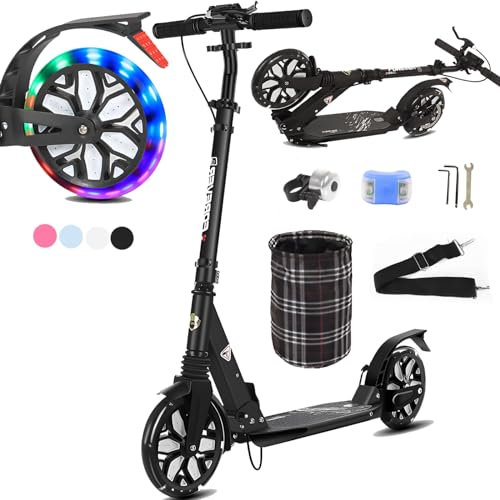 GHBXJX Cityroller mit 200mm LED Big Wheel Scooter Leuchträdern & Tragegurt, Klappbar Kickscooter, Stoßdämpfer | Höhenverstellbar Tretroller Kinder Scooter für Jungen und Mädchenab,Schwarz