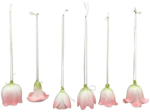 ETC Frühlingshafte Dekorative Blüten-Anhänger Glocken-Blumen-Anhänger Porzellan Weiß-Rosa Verschiedene Größen Je Im 6-er Set Dekoration Frühjahrsstrauch Fenster Osterstrauch