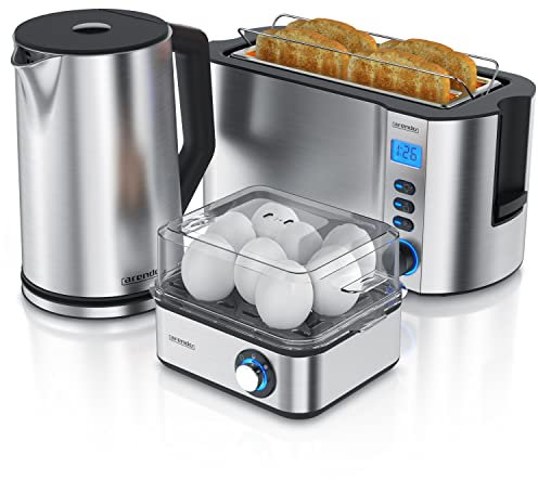 Arendo Ensembles Bouilloire et grille-pain et cuiseur à oeufs Bouilloire en inox 1,5L 40°-100°C, Toaster 4 Tranches Ecran LED 6 niveaux de brunissage, Cuiseur à oeufs 1-8 oeufs, Verre doseur Gris