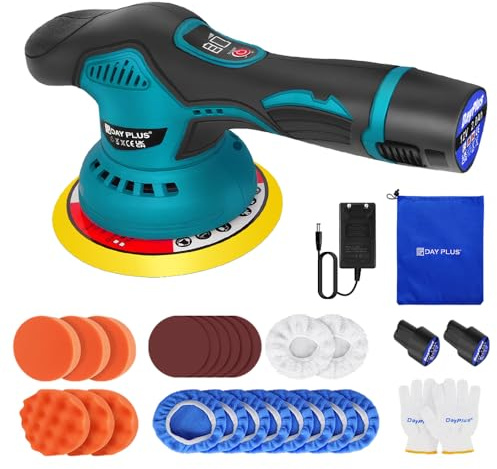 Poliermaschine Auto, 12V Akku Poliermaschine Exzenter, Mini Elektrisches Wachsmaschine mit Polierteller/Polierschwamm/Wollscheibe/Sandpapier für die Autodetailing, Autoreinigung und Polieren von Auto