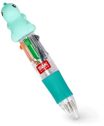 LEGAMI - Mini-Kugelschreiber 4 Farben, Mini Magic Rainbow, 4-Farben-Tinte, Grün, Blau, Orange, Schwarz, Spitze 1 mm, ergonomischer Griff aus Silikon, Durchmesser 2,3 cm, Höhe 10 cm, Dino