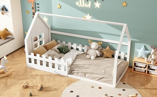 Azkoeesy 90 x 200 cm Kinderbett, Hausbett, Bodenbett, für Kinder und Mädchen, mit Lattenrost und Fenster, mit Rausfallshutz, weiß