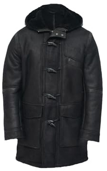 Infinity Leather Herren Dufflecoat aus Schwarzem Schaffellleder mit Kapuze