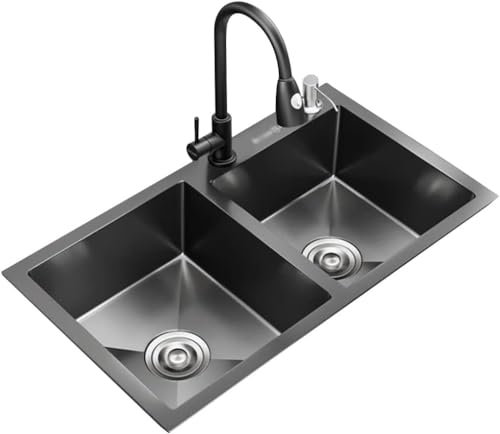 Évier de Cuisine Simple en Acier Inoxydable 304 Noir, évier Double, Balcon, Piscine, évier intégré avec Siphon (Couleur : Noir, Taille : 82 x 45 x 21 cm)