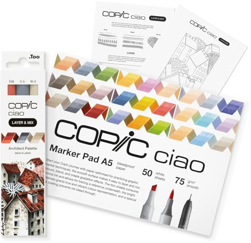 Copic Ciao LAYER & MIX Starter Set Architect, Marker Set mit 3 verschiedenen Farben, Markerpapier und Zeichenvorlage zum abpausen, inkl. Kennenlern-Übungsblatt