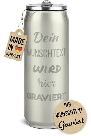Print Royal PR Edelstahl-Trinkflasche personalisiert mit 5 Zeilen Wunschtext gravieren - Cola-Dosen-Optik | Lasergravur, Doppelwandig, Klappbares Mundstück mit Trinkhalm, Grau metallic, ca. 420 ml