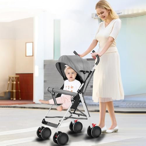 Supfine Passeggino, passeggino sportivo, ruote anteriori girevoli, baldacchino regolabile, pieghevole, con tappetino e zanzariera, fino a 15 kg (grigio)