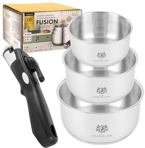 KARL HAUSMANN Batterie de Cuisine Inox Induction 3 Pièces - Casseroles Poignée Amovible - Lot Casseroles Induction Tout Feux - Ensemble Casserole et Poêle en Acier Inoxydable