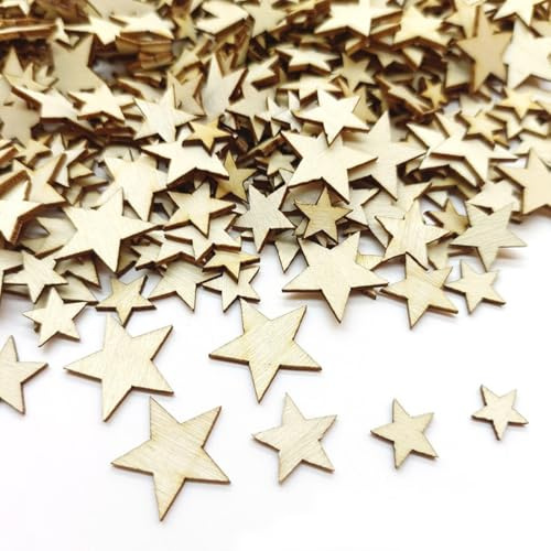 200 Stück Holzsterne Streudeko Sterne aus Holz Basteln Konfetti Dekoration Tisch Deko Tischdeko Weihnachten Dekorieren Jubiläum Hochzeit Geburtstag Party (Holzfarben, 10/12/15/20 mm gemischt)