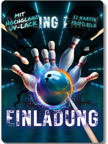 celebr8te 12x blaue Bowling Einladungskarten - Für den Kindergeburtstag von Jungen & Mädchen - Coole Partyeinladungen für Geburtstage inkl. Messenger Bild & Urlaubsgutschein