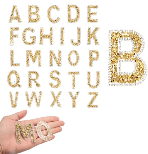 QUARKZMAN 26 stycken strass-bygelbokstäver, A-Z självhäftande glittrande strass-alfabet-bokstäver klistermärken applikationer för gör-det-själv-jackor, hattar, kläder, ryggsäckar, guld