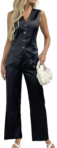 2-teiliges Satin-Outfit für Damen, Weste, Anzug-Set, seidig, weites Bein, Hose, Business, Freizeit, Hochzeit, Arbeitsset, Schwarz, X-Groß