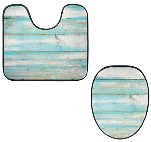 VAPOKF Lot de 2 tapis contour WC en forme de U et housse pour abattant de WC, tapis de salle de bain en flanelle douce et antidérapante, motif bois coloré