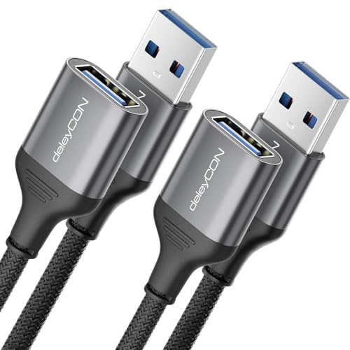 deleyCON 2x 1m USB 3.0 Cable de Extensión 5Gbps (Clavija A a Toma A) Clavija de Aluminio + Cable de Nylon Cable de Datos para Teclado, Lector de Tarjetas, Impresora, Escáner, Cámara, etc.