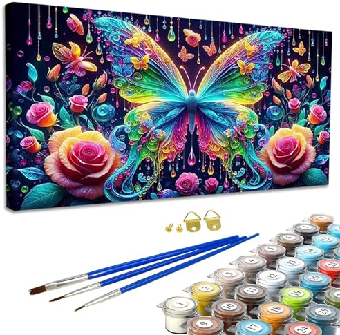 JATOK Paint by Numbers for Adults, Fantasy Butterfly, 90 x 40 cm, Unframed | Large rolled coloured pre-printed canvas, acrylic painting kit, beginner DIY craft, unframed wall décor, butterfly design