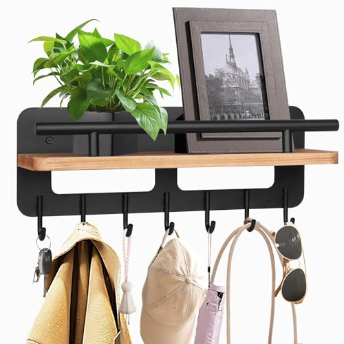 JiangLin Schlüsselbrett Holz mit Ablage, Schwarz Schlüsselhalter mit 7 Schlüsselhaken, Schlüsselbrett Ohne Bohren, Wandregal Holz für Schlüsselboard Organizer für Eingang, Flur, Wohnzimmer (Schwarz)