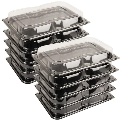 delisupplies 10 x Ultimate Large Sandwich Platter with Lid, Unique Press Stud Secure Closing, Rectangle Food, Cake, Tray Set Black Base Clear Lid Serving Platters for Buffet, Catering, 460 x 310mm
