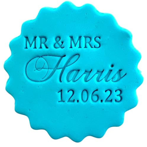 Personalised Cookie Stamp with Free Scallop Cutter, Mr and Mrs Wedding, 5cm Acrylic Biscuit Embosser, Food-Safe Plastic Baking Tool, Fits M&S All Butter Biscuits (Design 7)