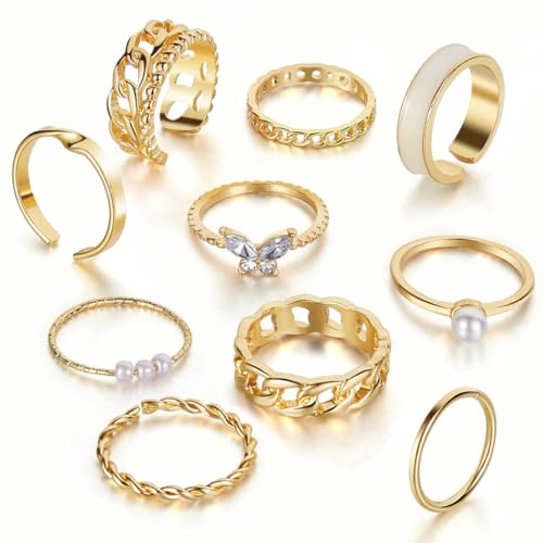10 Pièces Bague Femme, Acier Inoxydable Ouvert Réglable Vague Bague Câlin Main Doigt, Bague Rétro Vintage Réglable Bague Empilable Ensemble Ouvert Or