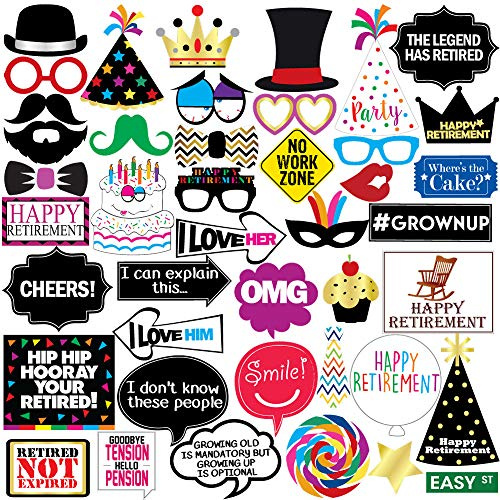 Retirement Photo Booth Props - 43 Pieces - Funny Happy Retirement Party Supplies, Decorations and Gifts