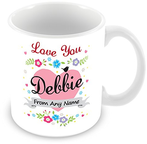 Personalised Mug with Name Debbie - Love Heart & Flowers Design Cup