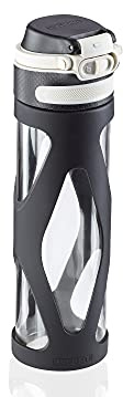 Leifheit Glasflasche Flip 600ml, 100% dichte Sportflasche, praktisches Öffnen mit einer Hand, Trinkflasche mit Filter für Fruchteinsatz, nachhaltige Wasserflasche, BPA frei, stoßfest, schwarz