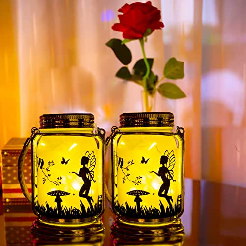 ANGMLN Lot de 2 lanternes solaires de fée pour décoration de table de terrasse, cadeaux de fées, veilleuse à suspendre, pelouse, arbres d'Halloween (blanc chaud)
