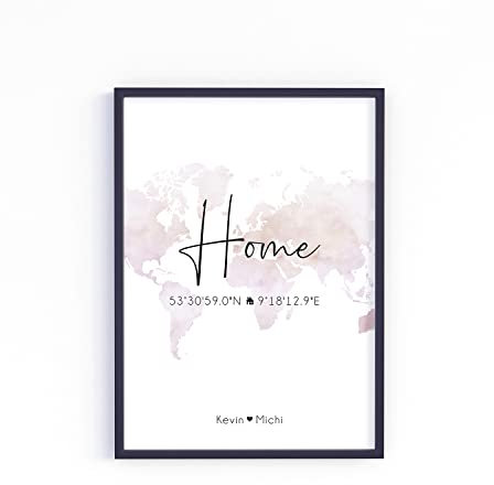 Home personalisiert Koordinaten Poster A4 A3 A2 als Einweihungsgeschenk oder Geschenke zum Einzug Einweihung Jahrestag Richtfest Umzug Wand-Bild Wand-Deko Weihnachten (Rosé)