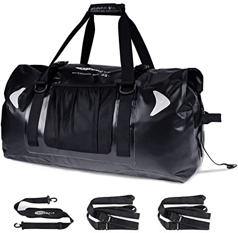 AFISHTOUR 65L wasserdichte Duffelbag für Damen und Herren – Große Motorrad-Reisetasche mit Gurten für den Rücksitz – Rollverschluss-Drybag für Kajak, Rafting, Bootfahren, Schwimmen, Strand (Schwarz)