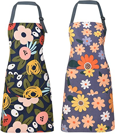 ARBINSON 2 Pack Floral Apron for Women with Pockets, Adjustable Cotton Chef Aprons for Kitchen, Cooking, BBQ & Grill (Blue/Flowers)
