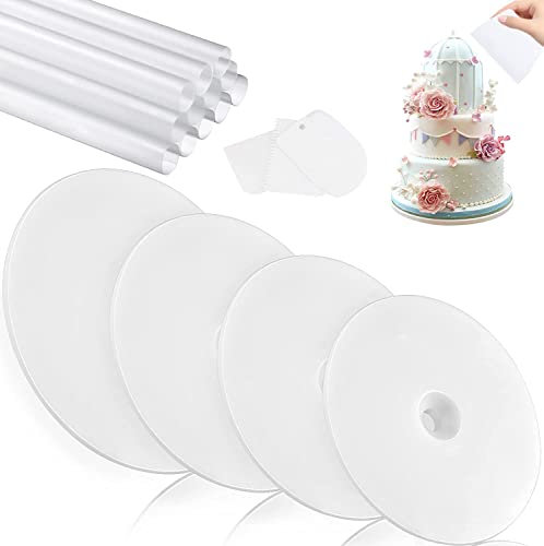 LWAIX Soporte para Tartas Base de Pastel 4 Soporte de Pastel de Plastico con 12 Tacos para Tartas Grueso para Construcción y Apilamiento de Tartas en Niveles(9/12/16/20cm)